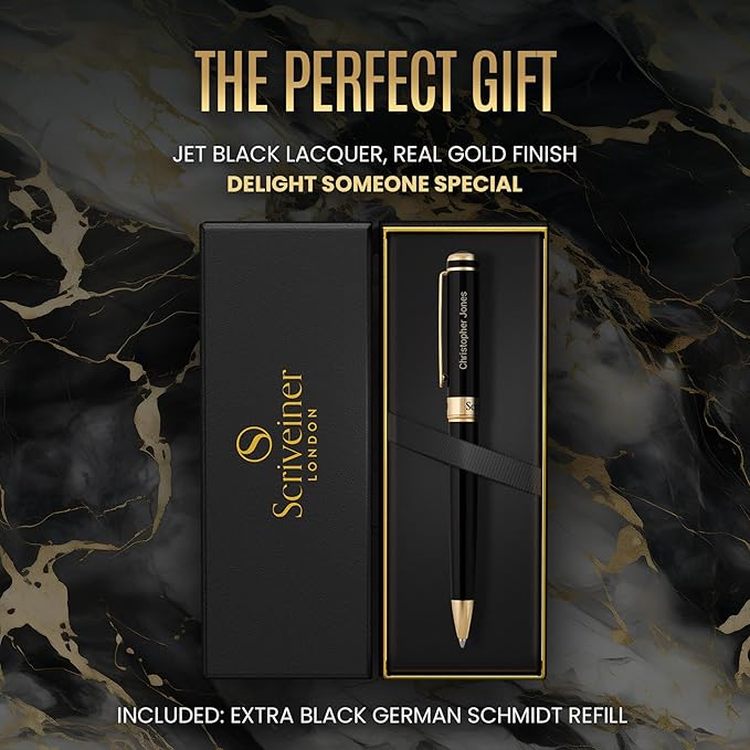 Scriveiner Personalized Black Ballpoint Pen - Stunning Luxury Pen, Jet Black Lacquer, Real Gold Plating, Schmidt Ink Refill, Best Engraved Ball Point Gift Set for Men & Women, Custom Name Engraving-DeskLoop Office