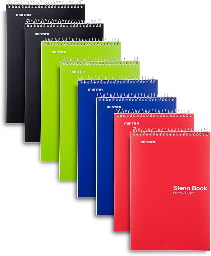 Mintra Office Steno Book - (Primary Colors, 8 Pads/Pack, Narrow Ruled) - 6inx9in, 100 Sheets per pad, POLY Cover, notebook for writing notes in school, university, college, work, office-DeskLoop Office