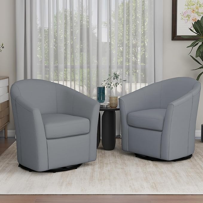 UIXE 360° Swivel Barrel Accent Chairs Set of 2, Modern Round Arm Chair Upholstered Club Armchair, Single Sofa Seating in Fabric for Living Room, Bedroom (Pebble Grey)-DeskLoop Office