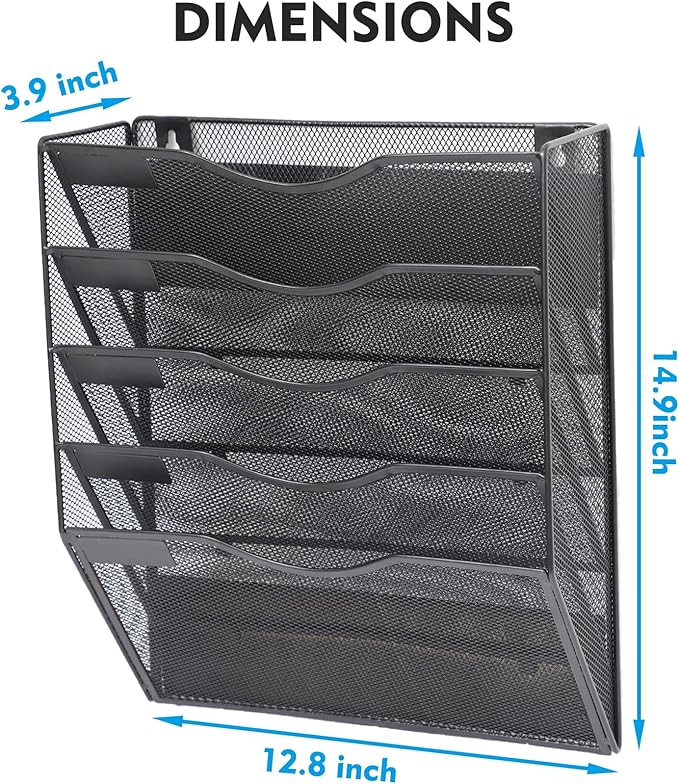 EASEPRES Magnetic 5 Pocket Mesh Hanging File Organizer, Wall Mounted Mail Paper Document Folder Holder, Clipboard Storage Organization Magazine Rack with Nametag Label for Office Home School, Black-DeskLoop Office