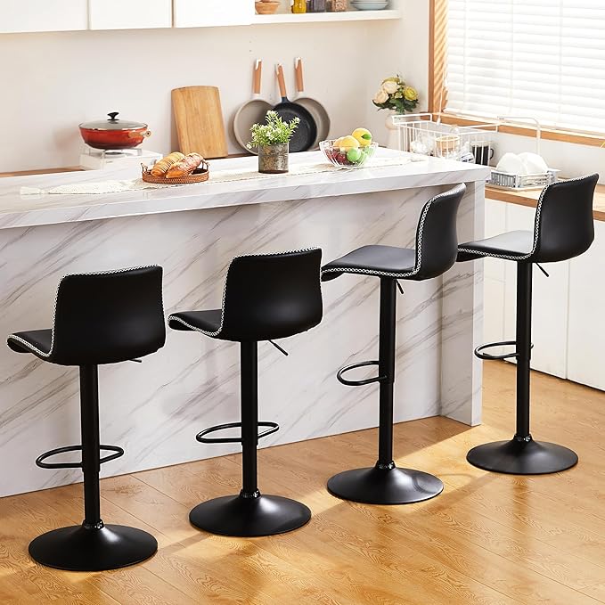 HeuGah Bar Stools Set of 6, Swivel Counter Height Barstools with Back, Adjustable Height 24" to 32", Black Faux Leather Bar Chairs for Kitchen Island (Black, Set of 6 (24'' to 32''))-DeskLoop Office