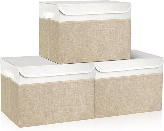 Large 17" 42 Quarts Collapsible Stackable Storage Bins with Lids [3-Pack] Foldable Fabric Linen Storage Boxes Cube, Closet Organizer Baskets with Label (16.7 x 12 x 12", Beige & White)-DeskLoop Office