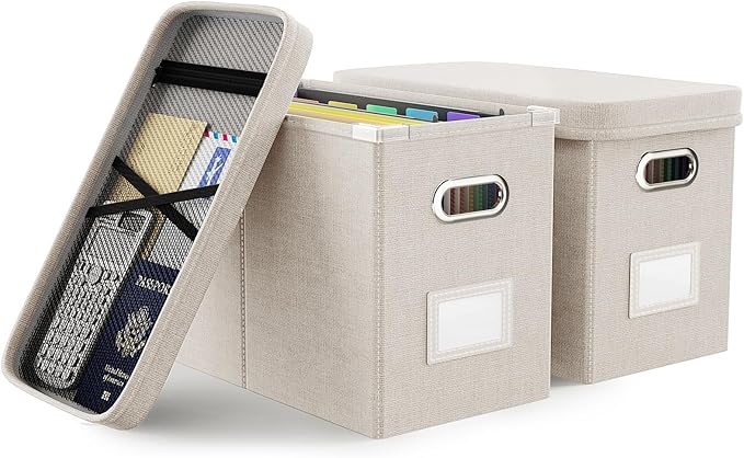 Oterri File Organizer With Lid, Hanging Filing Box With Mesh Pocket, Document Organizer for Letter Files, Portable Storage With Smooth Sliding Rail for Office & Home (2 PCS, Beige)-DeskLoop Office