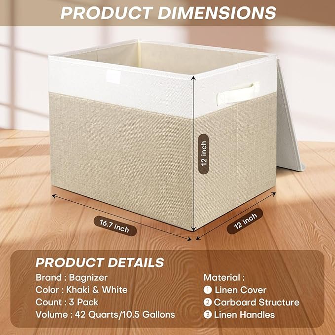 Large 17" 42 Quarts Collapsible Stackable Storage Bins with Lids [3-Pack] Foldable Fabric Linen Storage Boxes Cube, Closet Organizer Baskets with Label (16.7 x 12 x 12", Beige & White)-DeskLoop Office