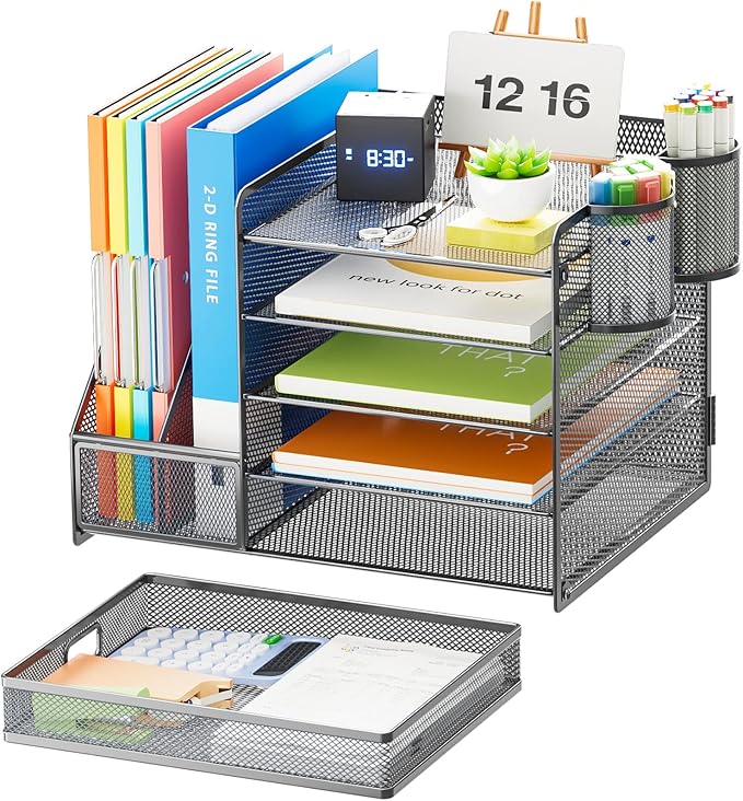 Marbrasse 5-Tier Paper Letter Tray Organizer with Drawer and Pen Holder, Mesh Desktop Organizer and Storage with Magazine Holder for Office Supplies (Grey)-DeskLoop Office