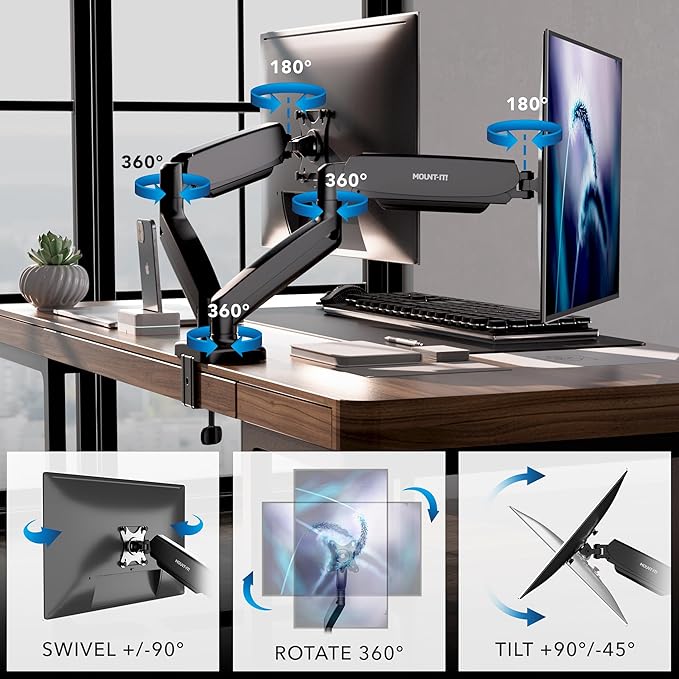 Mount-It! Dual Monitor Desk Mount – Full Motion Gas Spring Arms, Fits 13 to 32 Inch Screens, Holds 17.6 lbs per Arm, Dual Monitor Stand, VESA Mount, C-Clamp & Grommet Base-DeskLoop Office