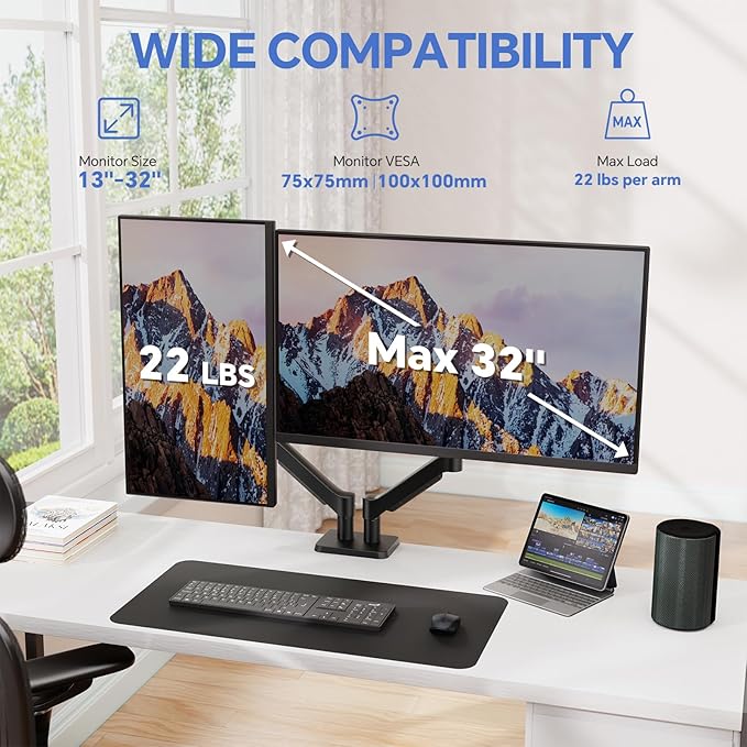Dual Monitor Mount for Desk, Adjustable Monitor Desk Mount Swivel Vesa Bracket with C Clamp, Computer Monitor Arm Up to 32 Inches, Black-DeskLoop Office