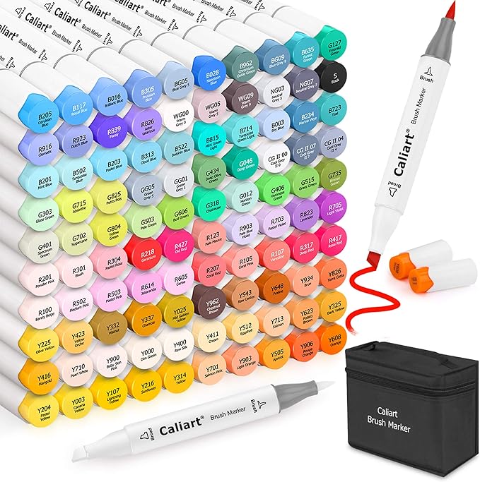 Caliart 101 Colors Brush & Chisel Alcohol Markers for Adult Coloring Book, Dual Tip Artist Sketch Art Markers, Aesthetic Cute Preppy Stuff School Supplies, Pens for Lettering Drawing Cards Planner-DeskLoop Office