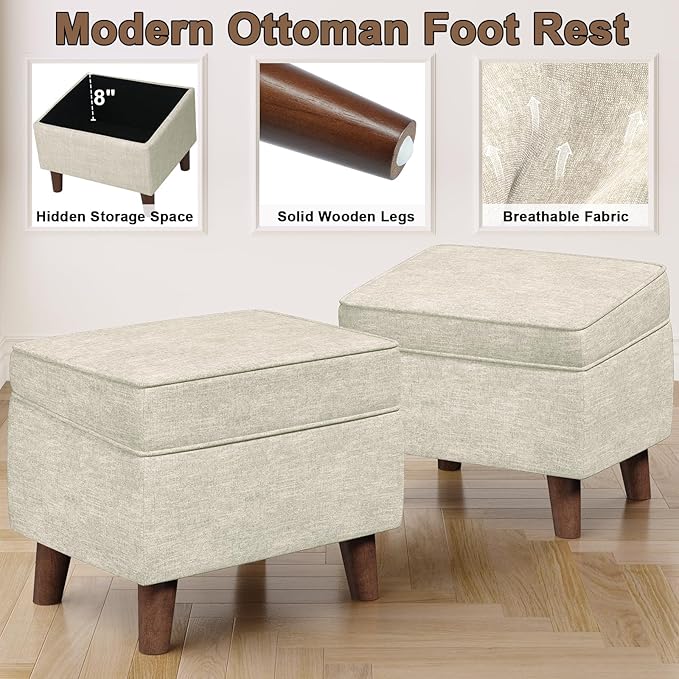 Foot Rest with Adjustable Cover, 18" Storage Ottoman Dorm, Footstool and Sitting Stool, Ottoman Foot Stools for Living Room, Bedroom, Dorm, Beige-DeskLoop Office