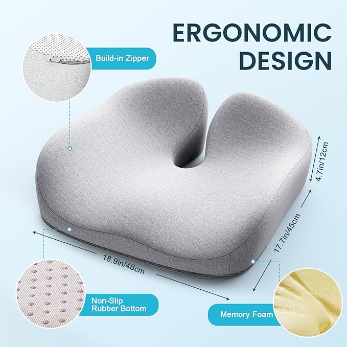 Benazcap Seat Cushion, Memory Foam Cushion for Office Chair - Ergonomic Chair Cushions for Tailbone Pain Relief, Sciatica & Back Support, Office Chair Cushion & Car Seat Cushion, Grey-DeskLoop Office