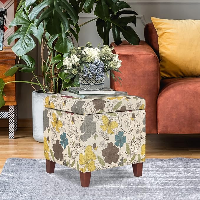 Adeco 18 Inch High Cube Ottoman Storage, Floral Printed Linen Chair Foot Stools, Upholstered Vanity Stool with Hinged Lid, Solid Wood Legs-DeskLoop Office