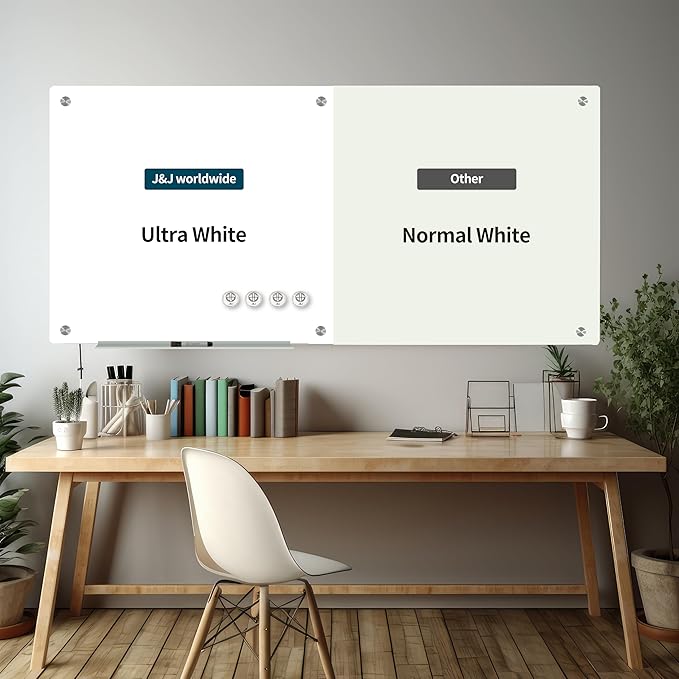 J&J worldwide Glass Whiteboard, Magnetic Brilliance White Glass Dry Erase Board 8' x 4', Includes Markers, Marker Tray, Eraser for Wall, Office, Home, School-DeskLoop Office