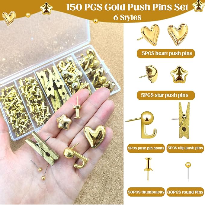 150 PCS Cute Gold Push Pins Set Metal Thumb Tacks Decorative Push Pins - Image 2