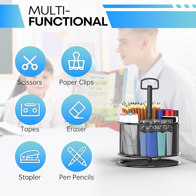 360-Degree Rotating Pen Holder for Desk, Mesh Pencil Organizer Multi-Functional Pen Holder, 4 Compartments Desktop Stationary Organizer, Home Office Black-DeskLoop Office