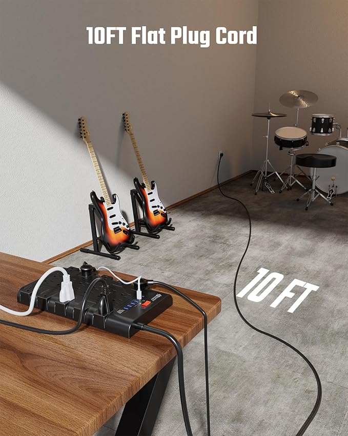 10Ft Power Strip Surge Protector, SUPERDANNY Charging Station 22 Outlets with 45W Type-C Fast Charging USB Ports, 4 USB-A, 2 USB-C, 2100J, 15A/1875W, Flat Plug Extension Cord for Home Office Black-DeskLoop Office