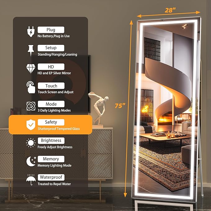 Hasipu Full Length Mirror with Lights, 75" x 28" LED Lighted Floor Standing, Full Body Dressing Hanging Mounted Mirror, Dimmable, Tempered Glass, Safe to Use, Square White-DeskLoop Office