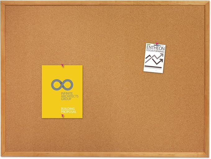Quartet Cork Bulletin Board 36"W x 24"H Pin Board, Oak Finish Frame - Image 4