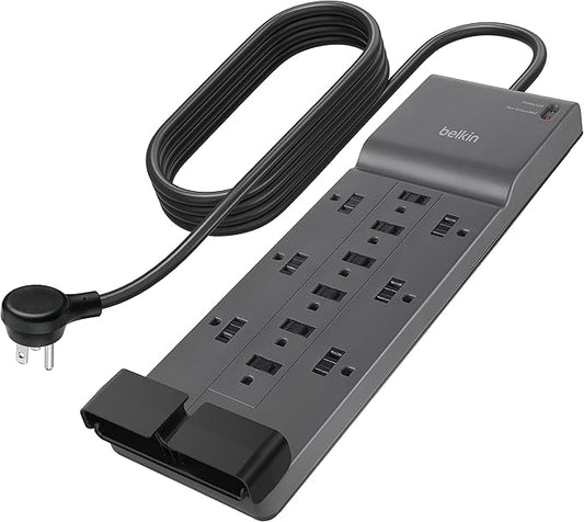Belkin 12-Outlet Surge Protector Power Strip w/ 12 AC Outlets & 8ft Flat Plug, UL-listed Heavy-Duty Extension Cord for Home, Office, Travel, Computer, Laptop, Charger - 3,940 Joules of Protection-DeskLoop Office