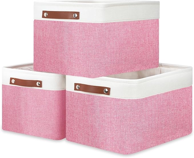 DULLEMELO Storage Baskets for Organizing, Shelves,Bedroom, Decorative Storage Bins with Faux Leather Handles, Fabric Storage Basket for Office, Toys(3-Pack, White&Pink)-DeskLoop Office