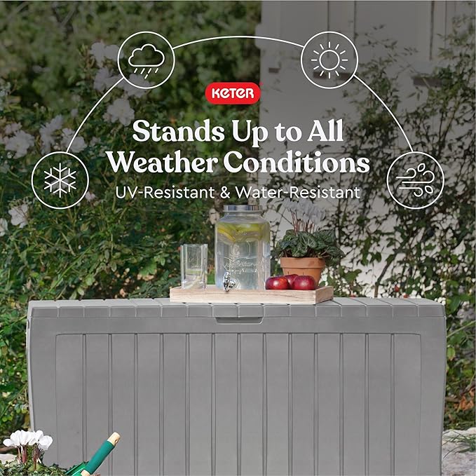 Keter Marvel Plus 71 Gallon Resin Deck Box-Organization and Storage for Patio Furniture Outdoor Cushions, Throw Pillows, Garden Tools and Pool Floats, Light Grey-DeskLoop Office