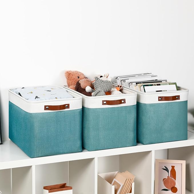 DULLEMELO Large Storage Basket, Collapsible Storage Bins Decorative Storage Baskets for Home Shelves Bedroom, Linen Fabric Basket with Leather Handles for Toys Books Organizing(White&Teal-DeskLoop Office