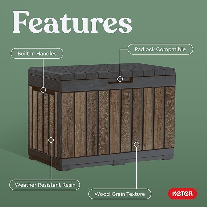 Keter Signature Everwood 50 Gallon Resin Outdoor Storage Box and Patio Furniture Side Table for Pool and Garden Accessories, Walnut-DeskLoop Office