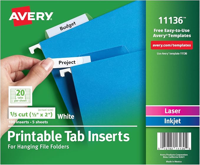 Avery Printable Tab Inserts for Hanging File Folders, 1/2" x 2", 1/5 Cut by Avery