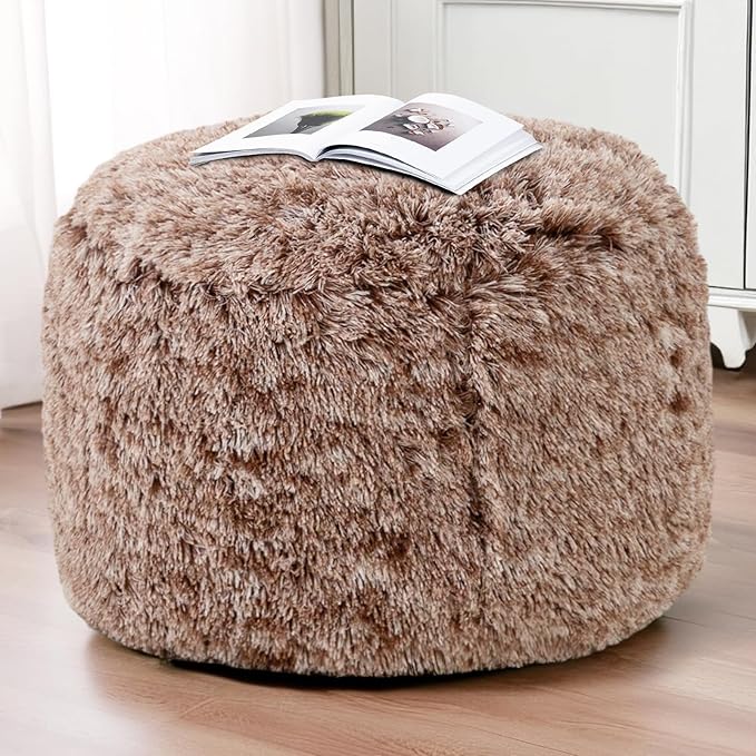 HIGOGOGO Round Stuffed Pouf Ottoman, Long Faux Fur Poufs with Foam Chunk Filling, Fluffy and Furry Pouf Foot Stool Storage Ottoman, 26 X 18 Floor Poufs Foot Rest for Living Room,Coffee-DeskLoop Office