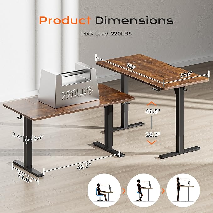 Huuger 55 x 28 Large Electric Standing Desk, Height Adjustable Computer Desk, 27.6" Deep Desktop, Stand up Gaming Office Desk with 2 Hooks, 3 Preset Heights, for Home Office, Rustic Brown-DeskLoop Office