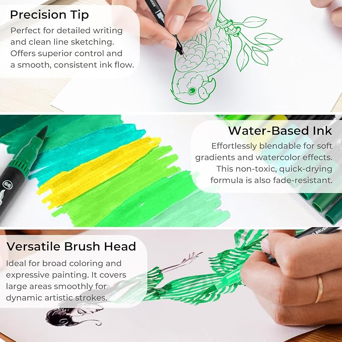 ZSCM Green Duo Tip Marker Pens, 12 Pack Fine & Brush Markers - Image 3