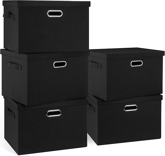 Large 17" 36 Quart Collapsible Stackable Storage Bins with Lids, 5 Packs Black Linen Fabric Closet Boxes with Lids, Storage Cube Baskets Container Organizers for Bedroom Office(17 x12 x11)-DeskLoop Office