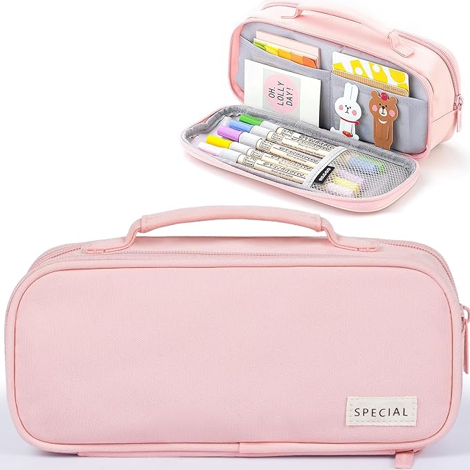 MAMUNU Pencil Case Large Capacity with 3 Compartments, Pencil Case Pouch Bag with Zipper Handle Portable Pen Stationery Organizer for Teen Girls Adults College School Office Travel, Pink-DeskLoop Office