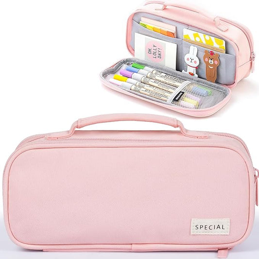 MAMUNU Pencil Case Large Capacity with 3 Compartments, Pencil Case Pouch Bag with Zipper Handle Portable Pen Stationery Organizer for Teen Girls Adults College School Office Travel, Pink-DeskLoop Office