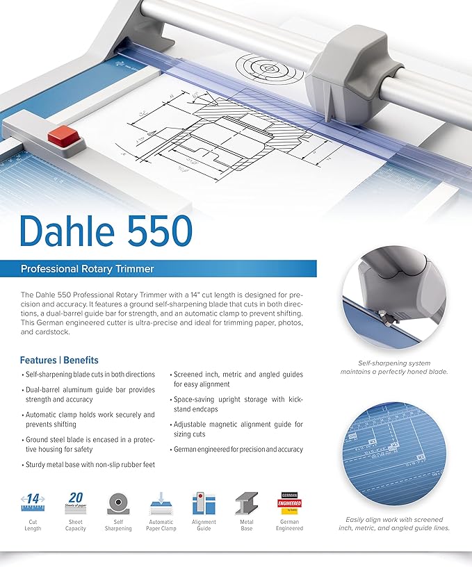 Dahle 550 Professional Rotary Trimmer, 14" Cut Length, 20 Sheet Capacity, Self-Sharpening, Dual Guide Bar, Automatic Clamp, German Engineered Paper Cutter-DeskLoop Office