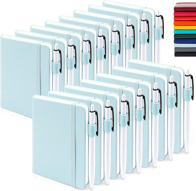 feela 15 Pack Pocket Small Notebooks Bulk, Mini Cute Memo Notepads Hardcover College Ruled Lined Journals with Pen Holder for Women Girls Office School, with 15 Black Pens, 3.5”x 5.5”, A6, Sky Blue-DeskLoop Office