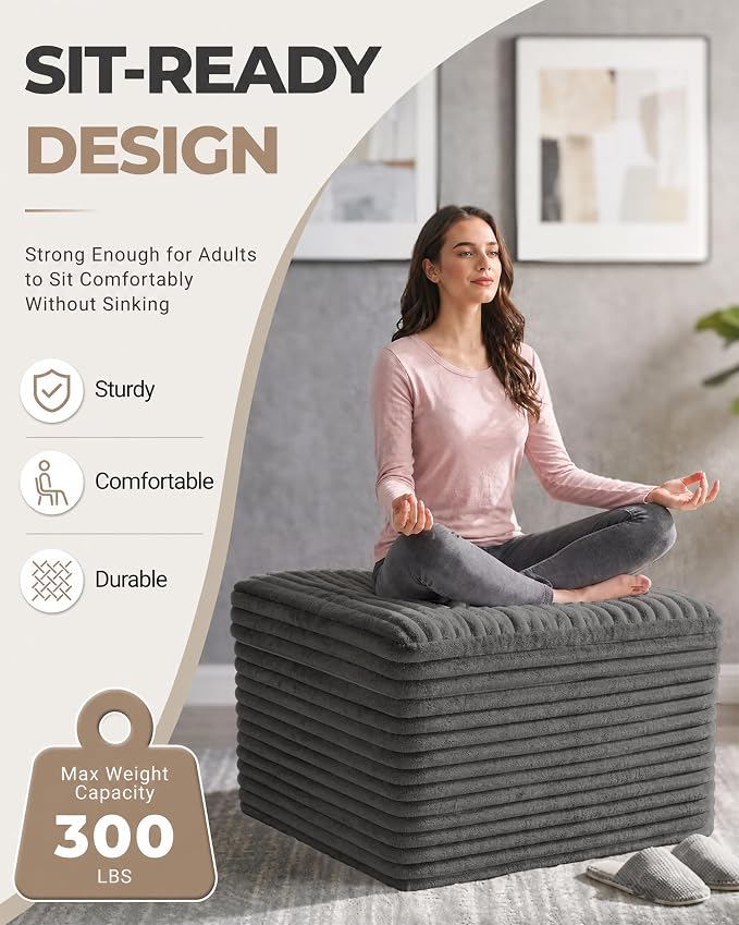 23.6in Pouf Ottoman, Corduroy Ottoman Foot Rest - Image 3