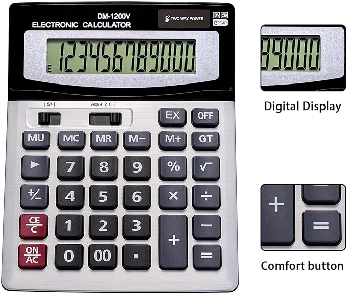 12 Digit Desktop Calculator with Large LCD Display and Sensitive Button, Dual Solar Power and Battery, Standard Function for Office (YE1200v)-DeskLoop Office