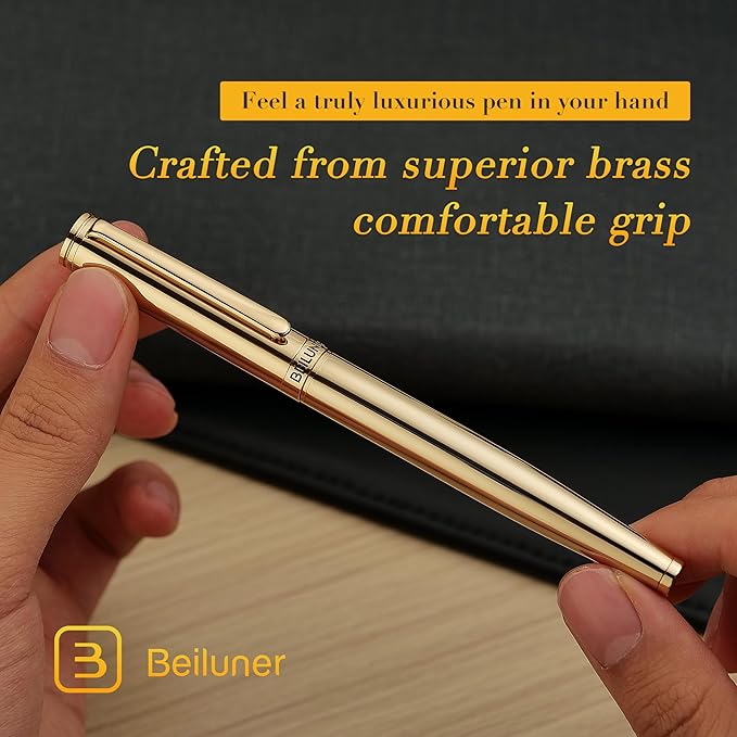 BEILUNER Gold Fountain Pen,Stunning Luxury Pens with 24K Gold Finish, Gorgeous 24K Gilded Nib(Medium), Ink Converter,Fancy Pen Gift for Men&Women-Elegant, Office, Professional, Reliable, Nice Design-DeskLoop Office