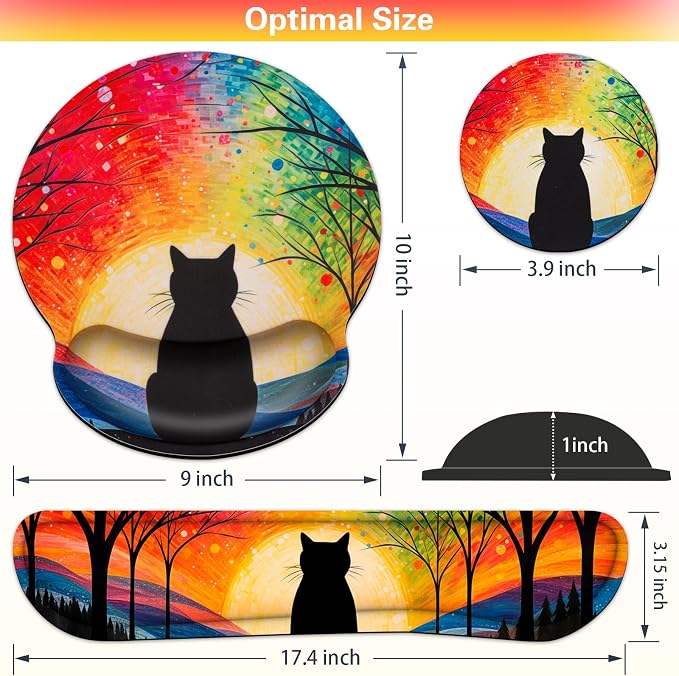 Mouse Pad with Wrist Rest Cute Black Cat Set, Qomolama 3-in-1 Wrist Support - Image 6