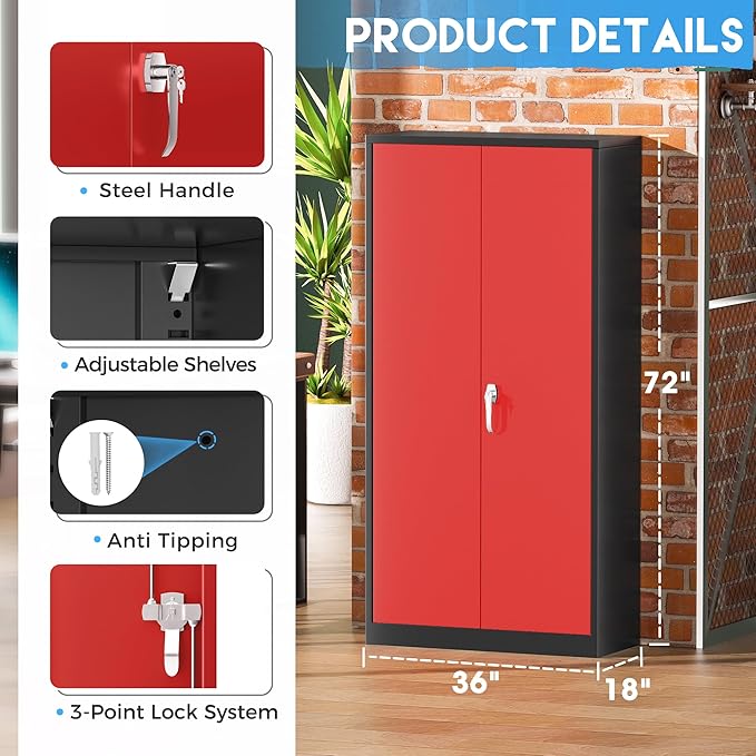 Greenvelly Metal Cabinet with 2 Doors and Adjustable Shelves, 72”H Steel Storage Cabinet, Locking Tall Metal Storage for Office, Home, Garage, School-DeskLoop Office