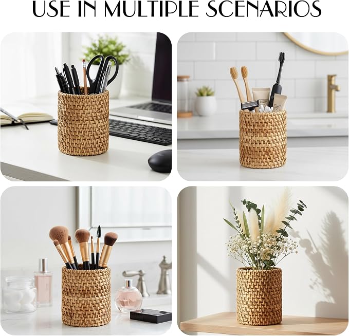 Wicker Rattan Pencil Holder, Cylindrical Desk Organizer Cup, Natural Brown - Image 4