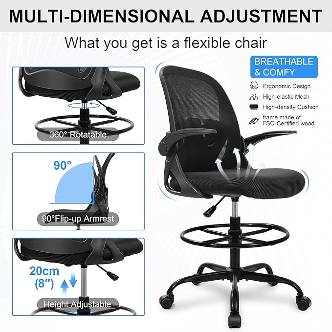 Primy Drafting Chair Tall Office Chair with Flip-up Armrests Executive Ergonomic Computer Standing Desk Chair with Lumbar Support and Adjustable Footrest Ring (Black)-DeskLoop Office