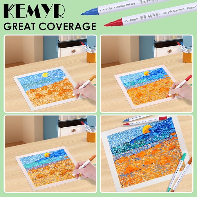 24 Colors Brush & Fine Tip Acrylic Paint Pens, Dual Tip Acrylic Paint Markers for Paper, Wood, Canvas, Stone, Rock, Glass, Fabric, DIY, Ceramic, Art Supplies for Kids and Adults Drawing-DeskLoop Office