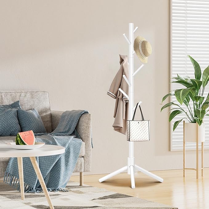 Wooden Coat Rack, Free Standing Coat Rack with 8 Hooks 3 Adjustable Heights for Clothes, Hats, Handbags, Coat Tree Easy Assembly for Entryway, Bedroom, Hallway, Office(2PCS)-DeskLoop Office