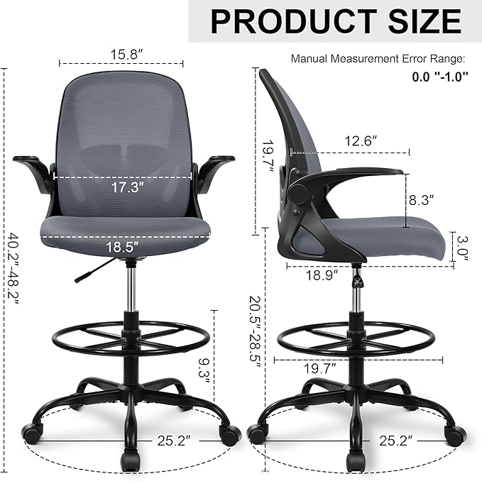 Primy Drafting Chair Tall Office Chair with Flip-up Armrests Executive Ergonomic Computer Standing Desk Chair with Lumbar Support and Adjustable Footrest Ring（Dark Gray）-DeskLoop Office