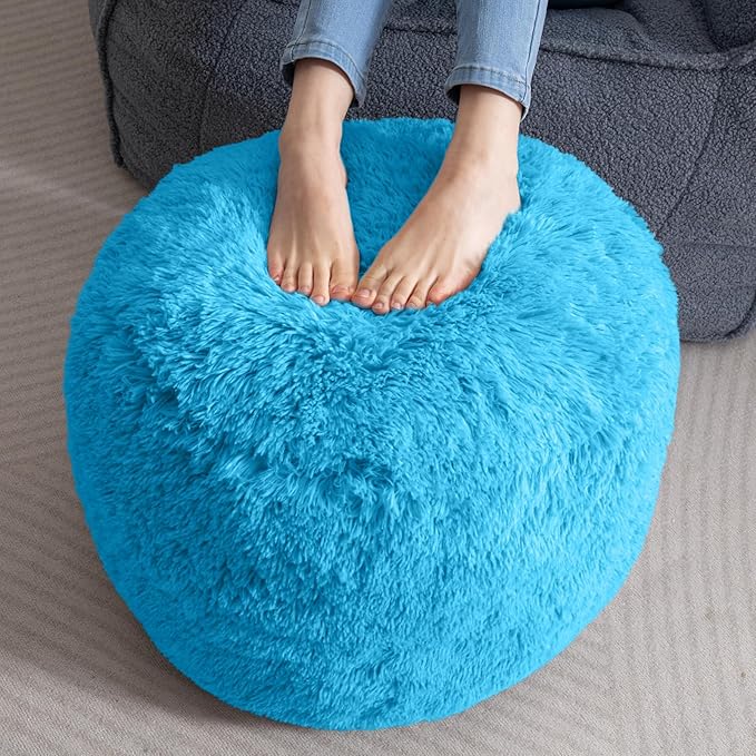 HIGOGOGO Round Stuffed Pouf Ottoman, Long Faux Fur Poufs with Foam Chunk Filling, Fluffy and Furry Pouf Foot Stool Storage Ottoman, 20 X 15 Floor Poufs Foot Rest for Living Room, Blue-DeskLoop Office