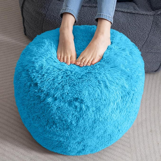 HIGOGOGO Round Stuffed Pouf Ottoman, Long Faux Fur Poufs with Foam Chunk Filling, Fluffy and Furry Pouf Foot Stool Storage Ottoman, 20 X 15 Floor Poufs Foot Rest for Living Room, Blue-DeskLoop Office
