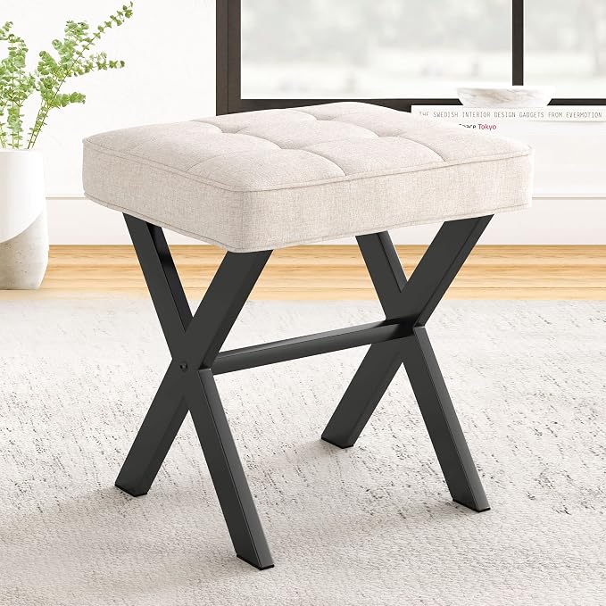 LUE BONA Ottoman Foot Stool Vanity Stool, Square Linen X-Leg Foot Rest Ottoman by LUEBONA