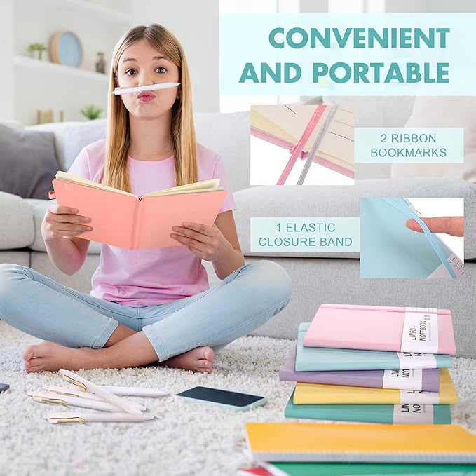 Aodaer 12 Set Lined Notebook Journals with Pens A5 Notebooks 100 GSM College Ruled Hardcover Notebook PU Leather Notepad with Pen Holder for Office School, 5.7 x 8.3 Inches, Light Multicolor-DeskLoop Office