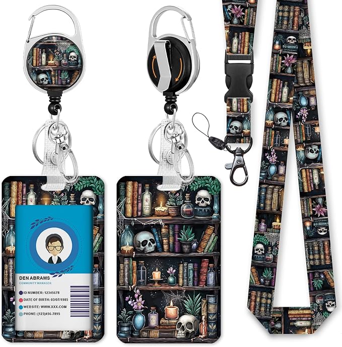 Goth Lanyards for ID Badges, Badge Holder Retractable Reel Clip Funny Skull by IMMATURUS